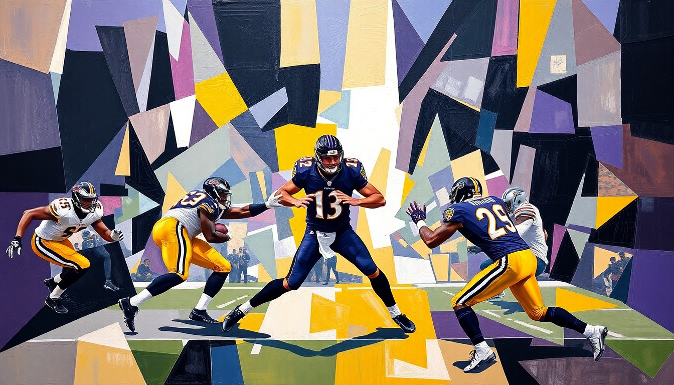 A cubist-style painting depicting a football player in motion, with their body and the ball broken down into sharp, overlapping geometric shapes in shades of purple, black, and gold.