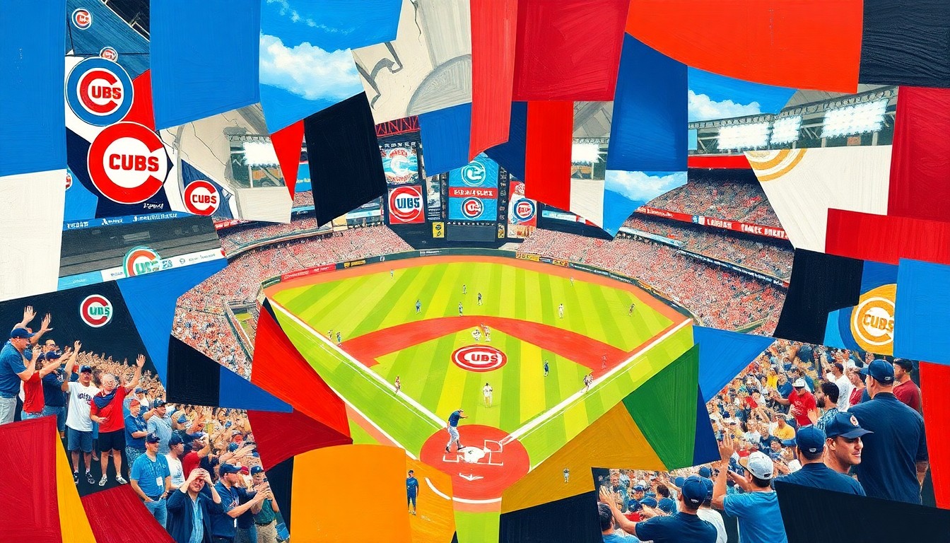 A cubist, geometric painting depicting a Cubs baseball game or celebration, with sharp, overlapping planes of blue, red, and white creating a dynamic, fragmented visual representation of the team's history and legacy.