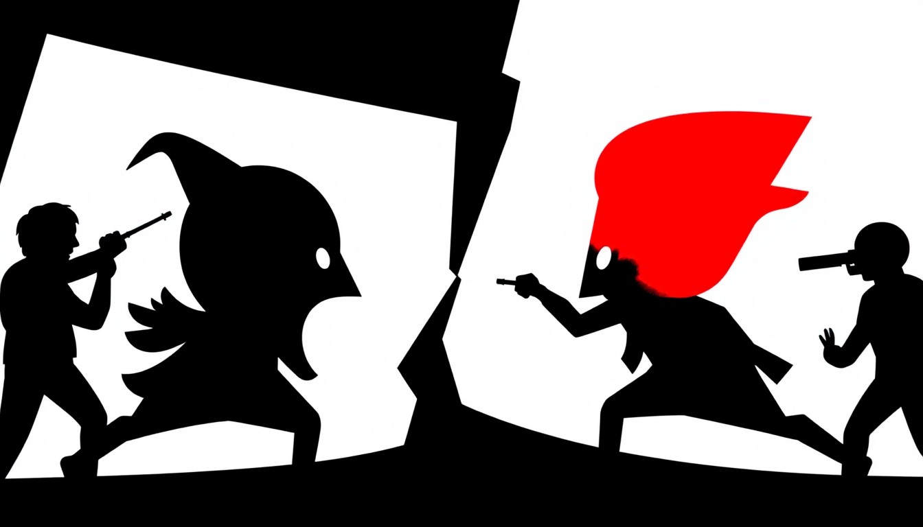 A minimalist, abstract illustration in the style of Saul Bass, featuring bold, jagged geometric shapes and high-contrast solid colors to represent the tension between two entertainment brands.