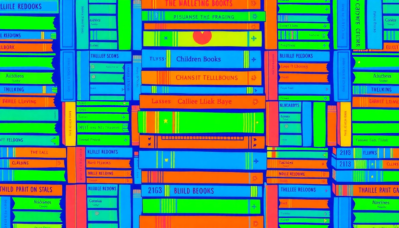 A bold, colorful silkscreen print featuring a repeating pattern of classic children's books in a vibrant palette, conceptually representing the joy and creativity of early childhood education.