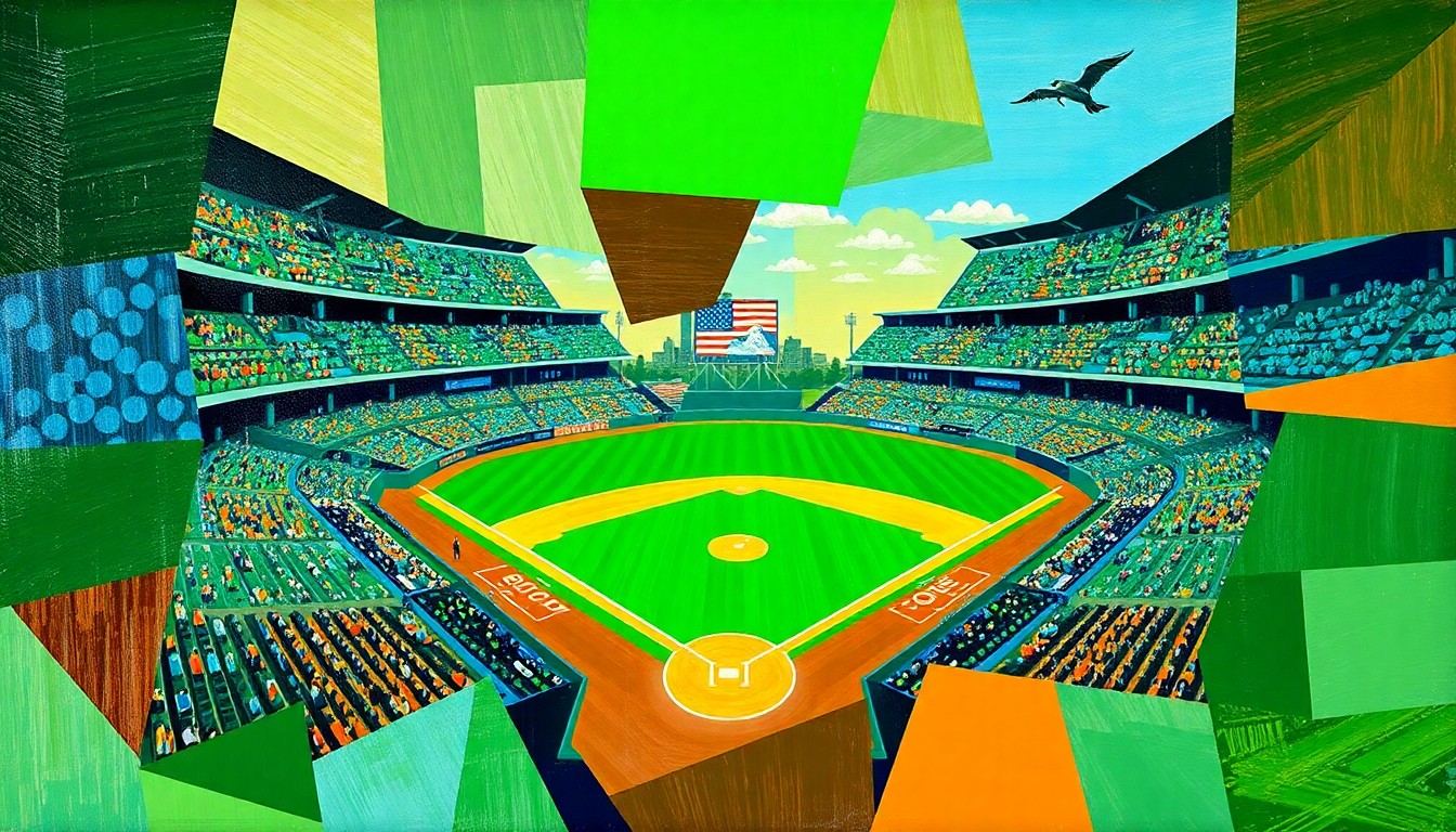 A cubist, geometric painting depicting a baseball game in motion, with overlapping shapes and planes of color representing the dynamic action on the field.