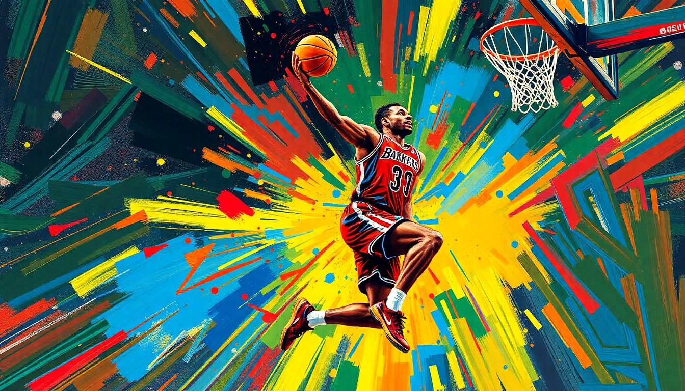 An abstract, energetic painting featuring bold, neon-colored brushstrokes that capture the dynamic movement and intensity of a basketball player in action, conceptually representing the uncertainty surrounding Jayson Tatum's potential return to the Celtics.