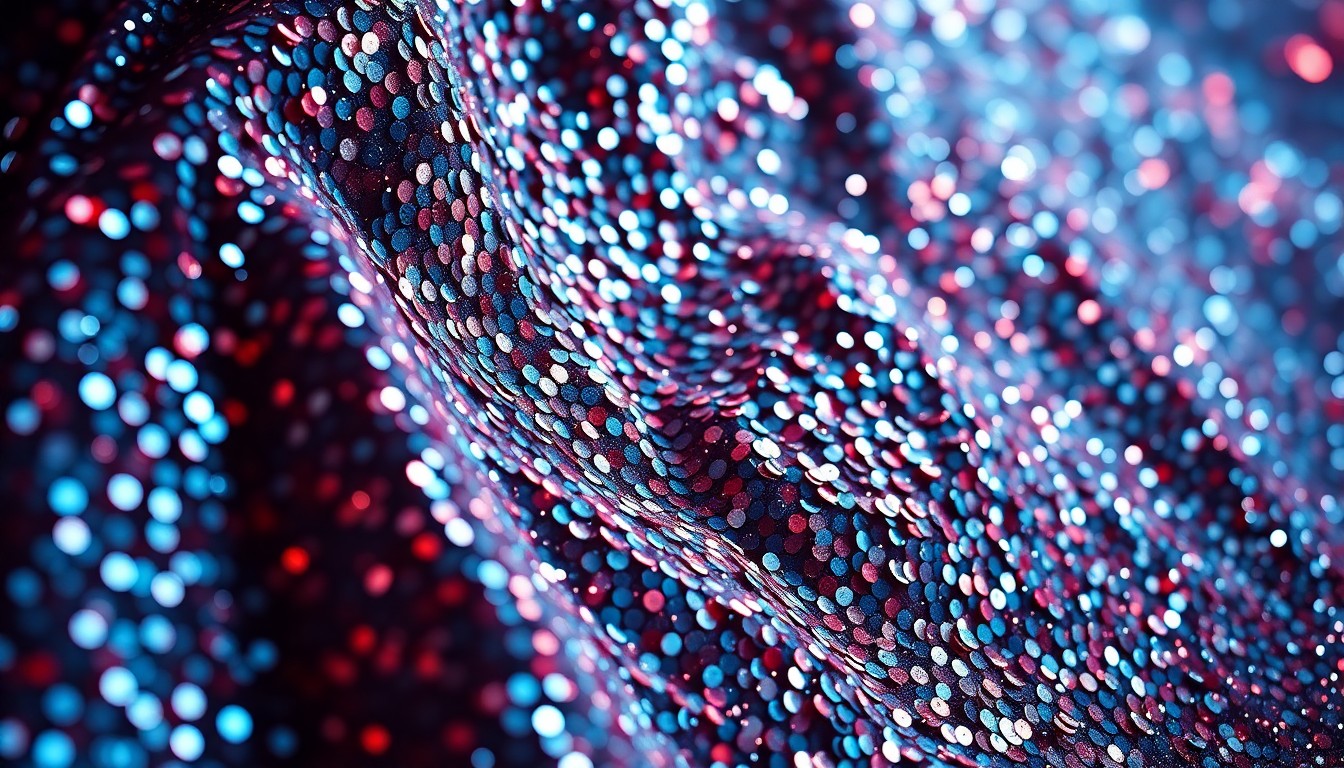 An extreme close-up of shimmering, high-contrast sequins and velvet textures, conceptually representing the glamour and emotional resonance of the INK Festival's 10th anniversary celebration.