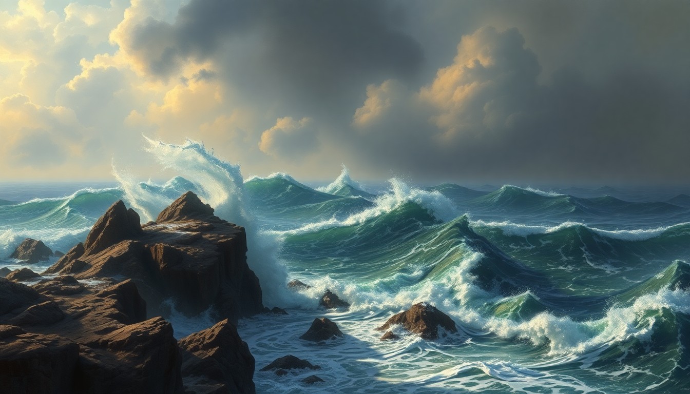A vast, dramatic landscape painting depicting towering, wind-swept ocean waves crashing against a rocky shoreline, with the scale of the natural forces dwarfing any man-made structures in the scene.