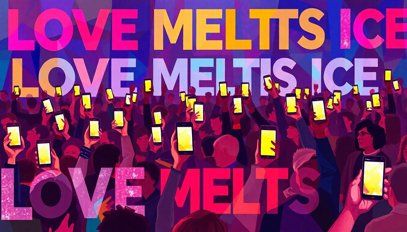 A dynamic, abstract painting featuring a crowd of protesters holding up lit phones, with the words 'LOVE MELTS ICE' repeated in overlapping, fractured geometric shapes and vibrant colors, conveying the energy and emotion of the Sundance protest against ICE.