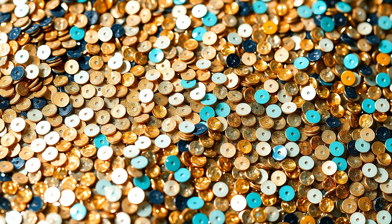 An extreme close-up of glittering, high-contrast sequins in shades of gold, silver, and teal, conceptually representing the glamour and energy of Taylor Swift's rise to fame.