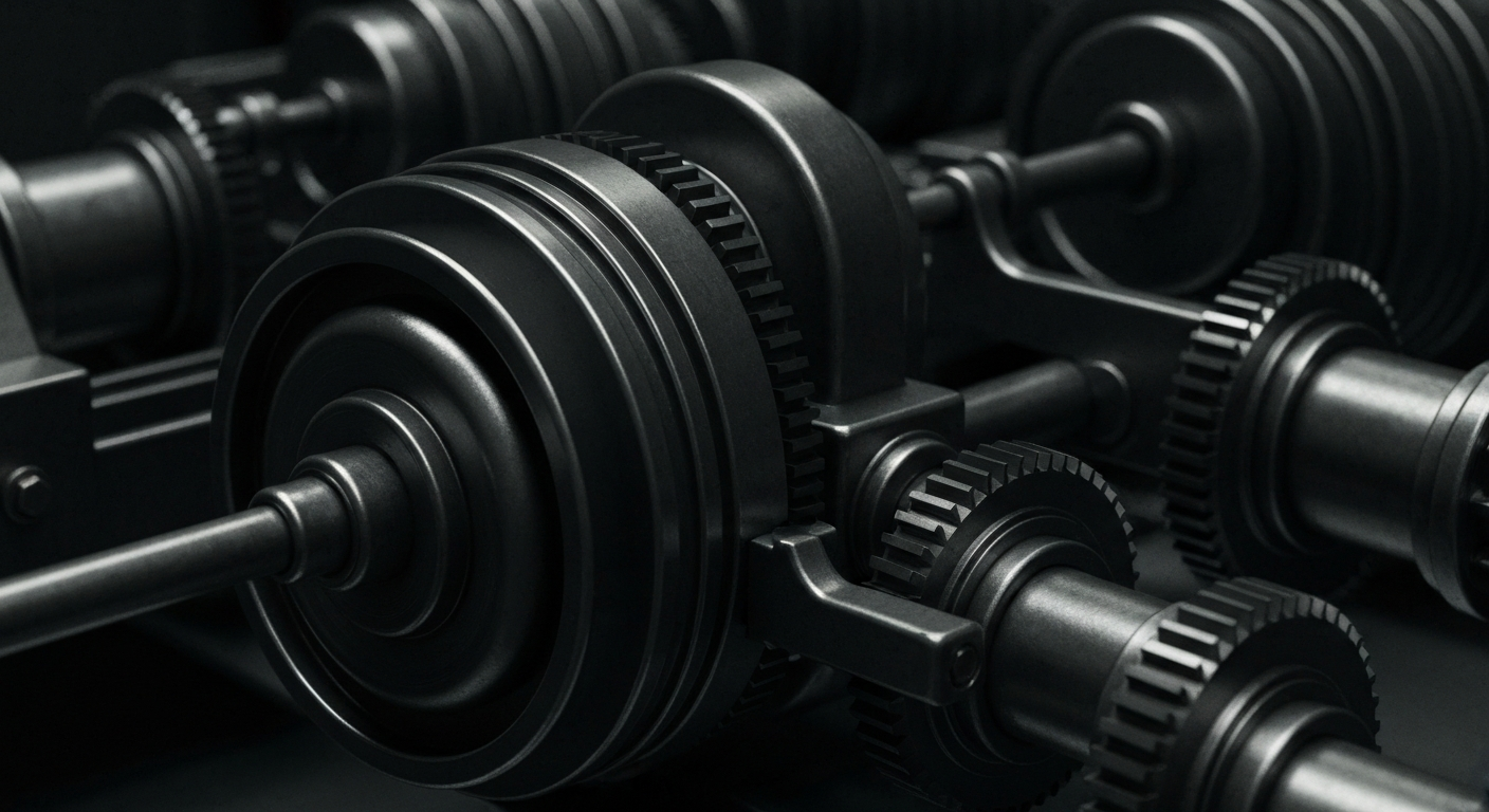 An extreme close-up of the intricate machinery and components that power the financial industry, conveying the complex systems and institutional forces shaping the fortunes of companies like Netflix.