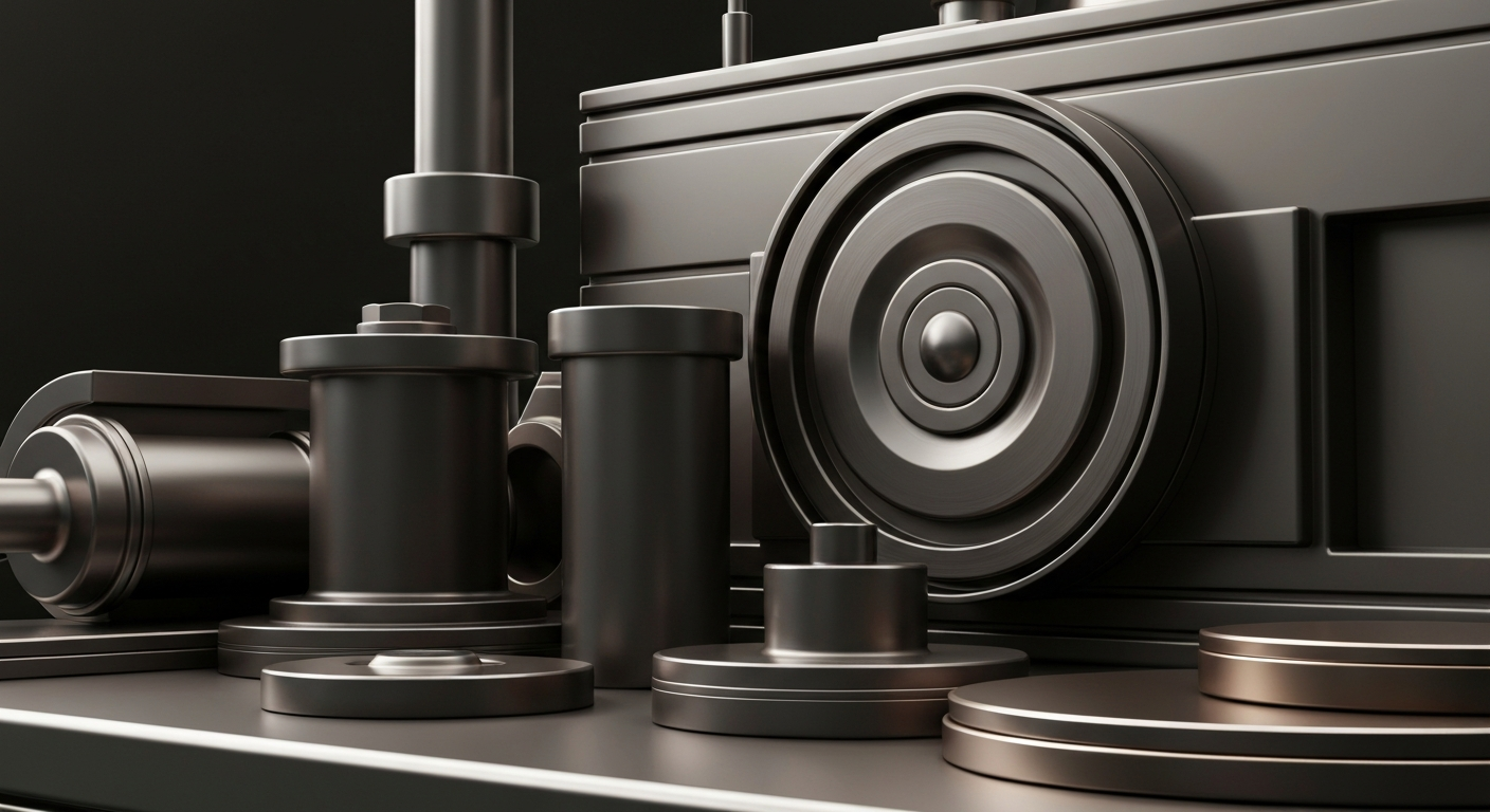 An extreme close-up of highly textured, industrial banking machinery and objects in muted tones of steel grey, bronze, and black, conceptually representing the secure, institutional nature of financial investments.