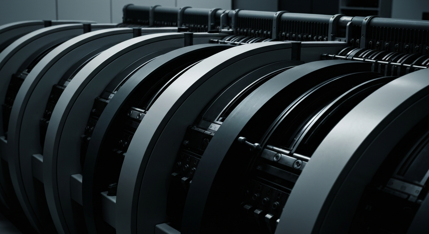 An extreme close-up of the intricate mechanical components of a banking machine, conveying the complex and powerful nature of financial institutions.