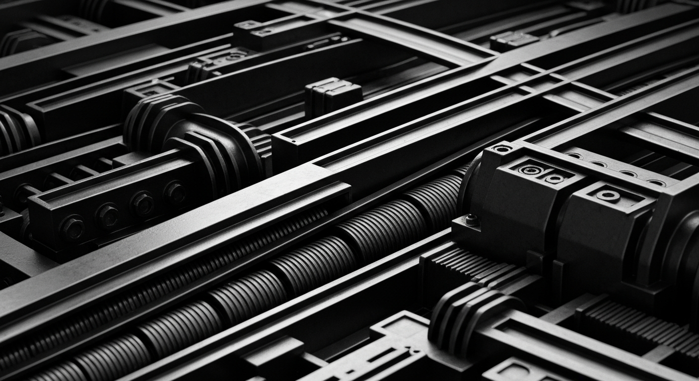 A high-contrast black and white close-up of complex, interlocking gears and mechanical components, representing the institutional machinery of global finance and investment.