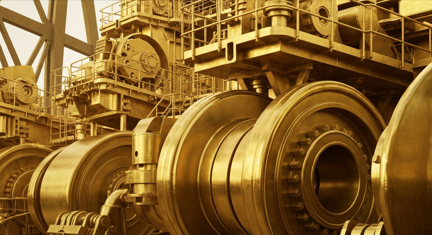 An extreme close-up of gleaming, textured gold mining equipment and machinery, conveying the physical, industrial nature of a major gold producer's operations.