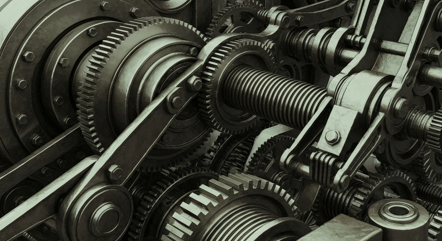 An extreme close-up of various metal components and machinery parts, conveying the complex, industrial nature of institutional investment decisions without using any text or identifiable elements.
