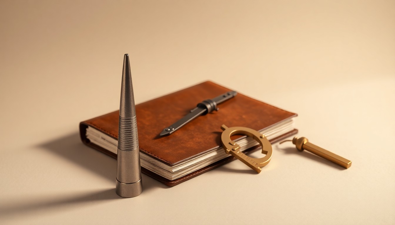 A photorealistic studio still life featuring a polished metal railroad spike, a leather-bound ledger, and a pair of vintage brass calipers arranged elegantly on a clean, monochromatic background, conceptually representing the abstract forces shaping the railroad industry.