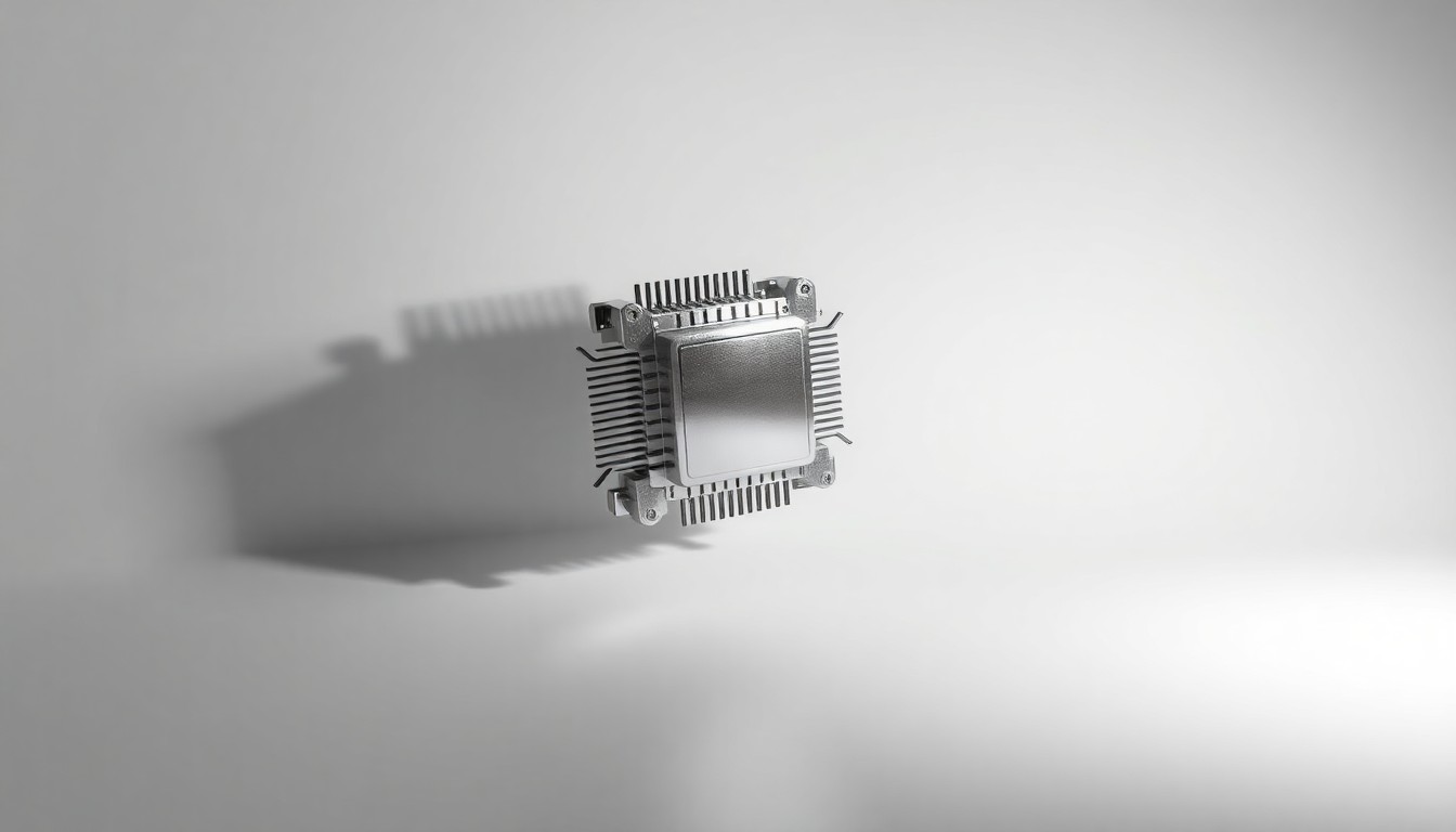 A polished, geometric metal sculpture in the shape of a computer chip or circuit board, floating elegantly on a clean, monochromatic background and illuminated by dramatic studio lighting to create deep shadows, conceptually representing the complex inner workings of modern semiconductor technology.