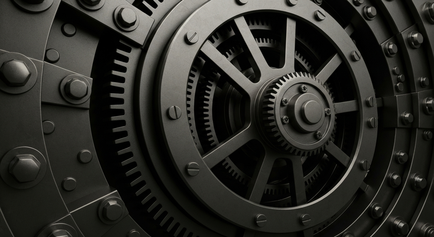 An extreme close-up of the complex, interlocking metal components of a banking vault, conveying the idea of secure, institutional wealth without using any literal financial symbols or text.