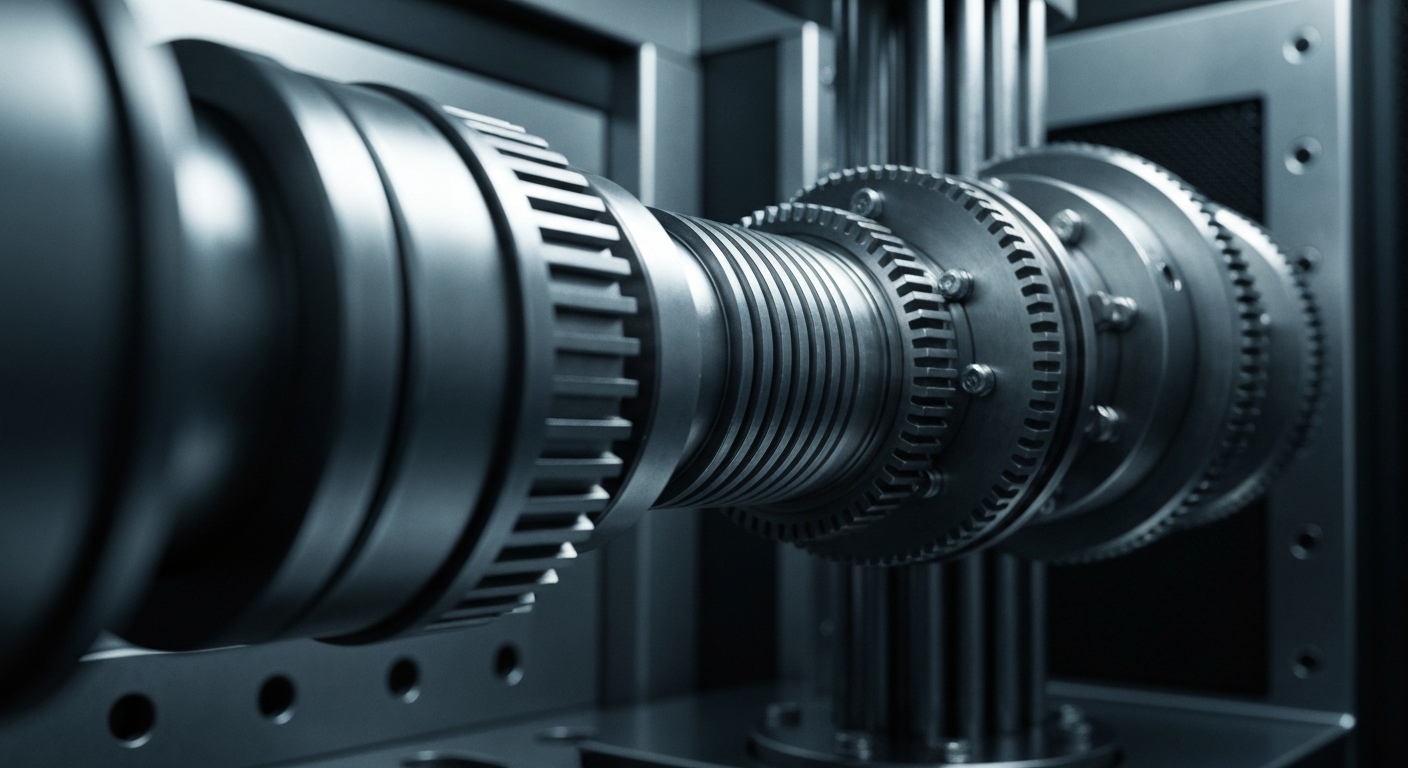 An extreme close-up of the complex, interlocking metal components of a medical device manufacturing machine, conveying the industrial might and technical sophistication behind Boston Scientific's products.