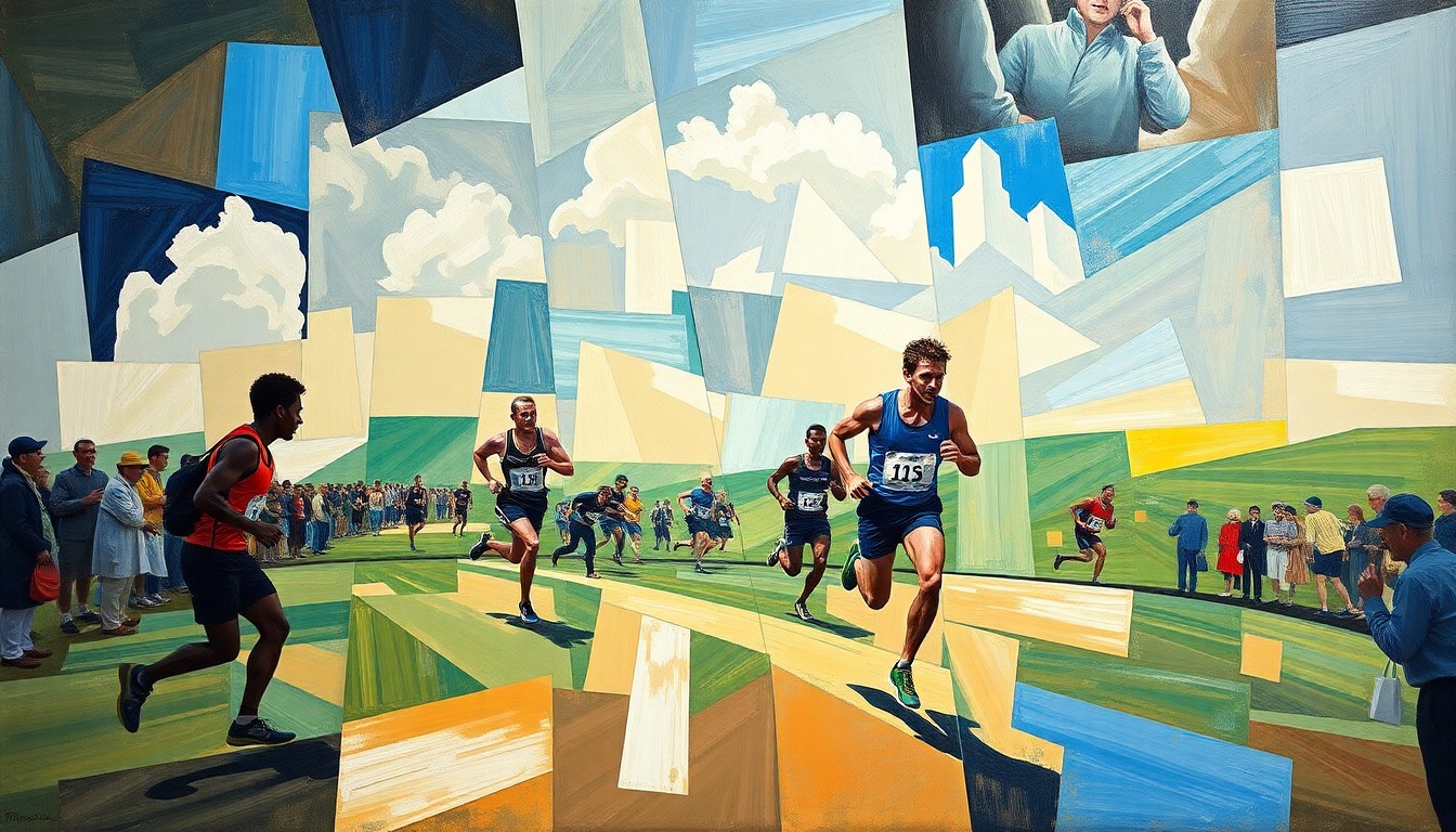 A cubist, geometric painting depicting a cross-country running competition, with runners and the landscape broken down into sharp, overlapping planes of color and shape.