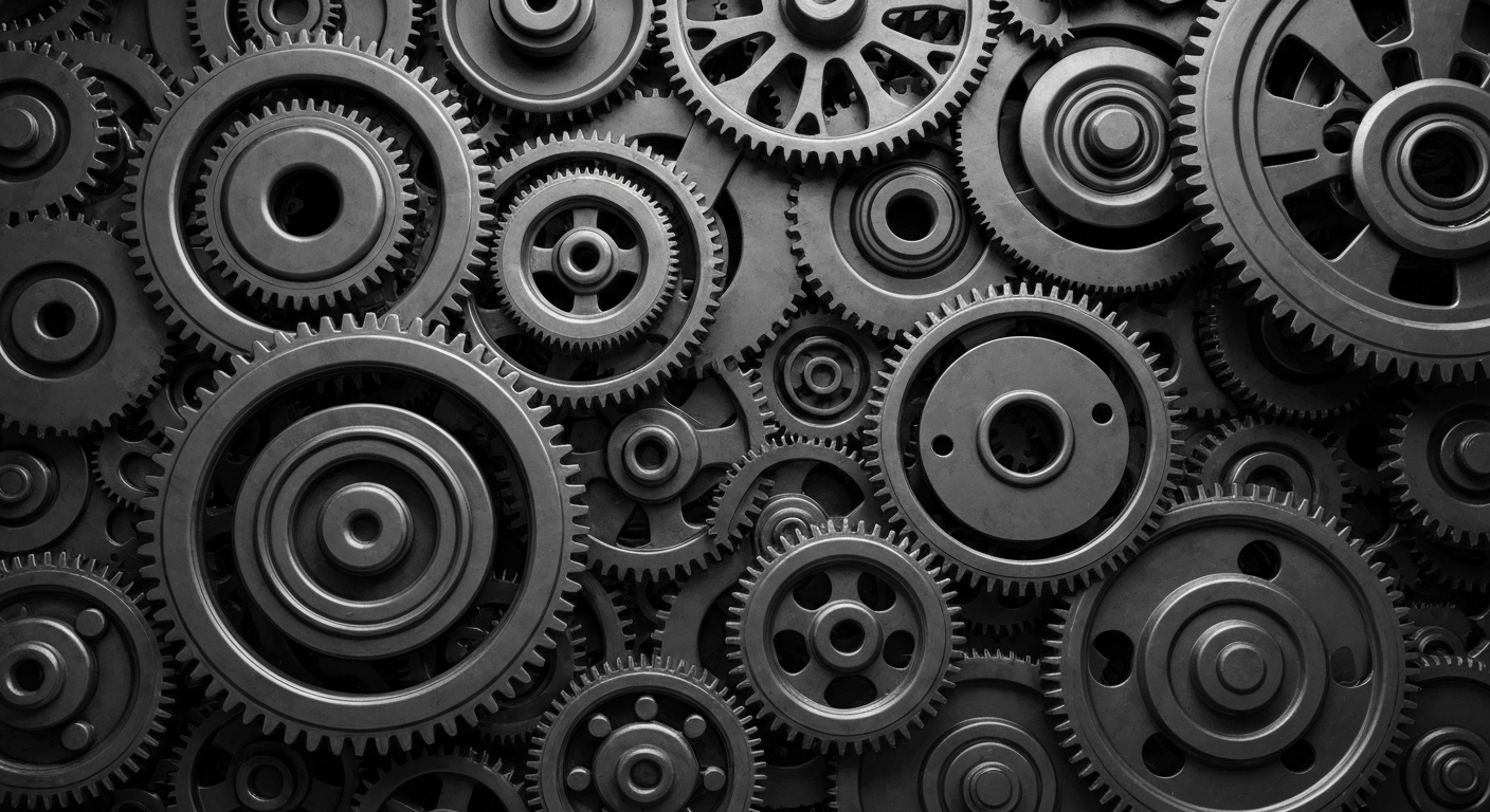 An extreme close-up of a network of industrial gears and machinery in shades of grey, conceptually representing the intricate financial infrastructure of the health insurance sector.