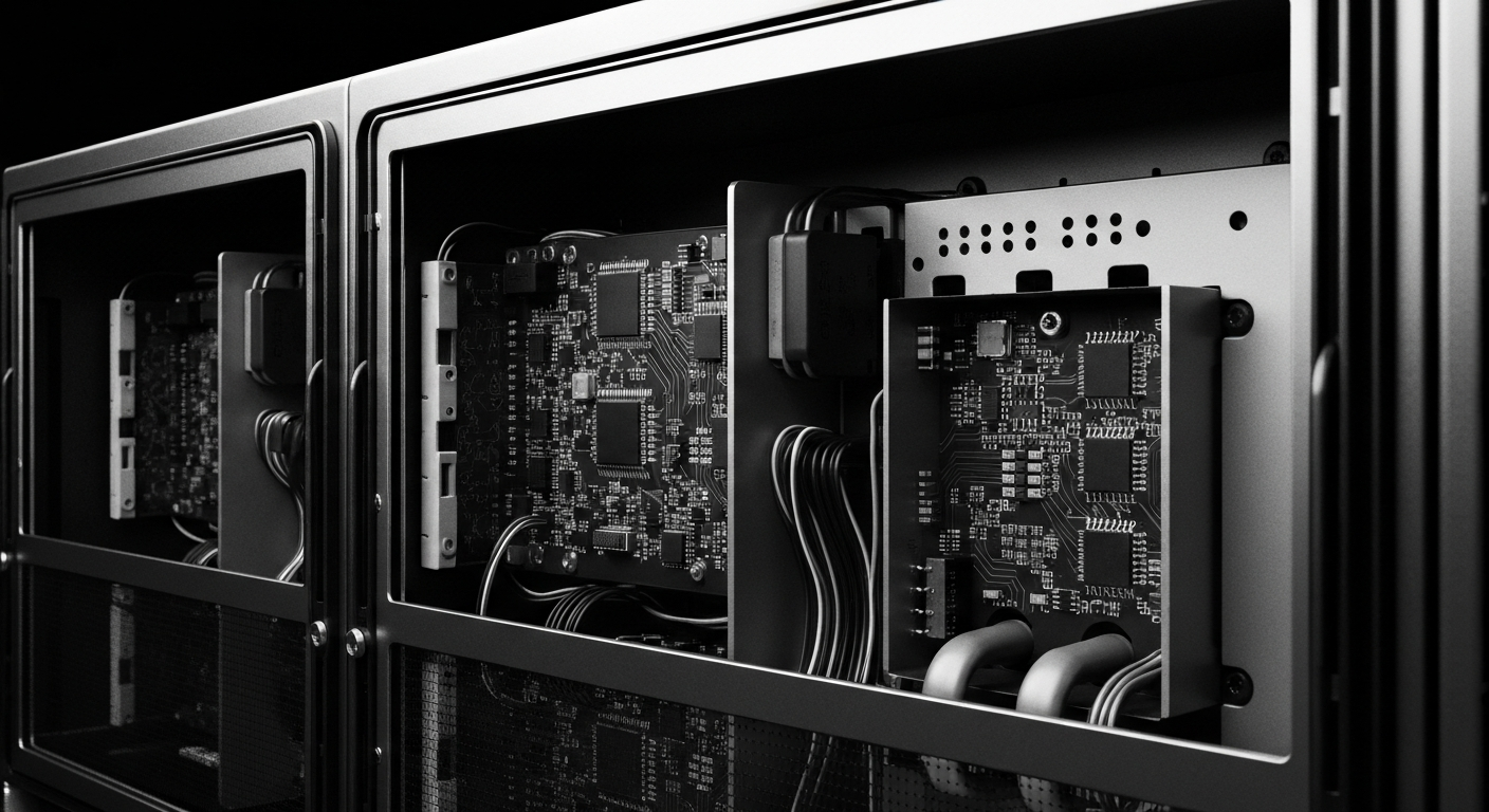 A high-contrast, close-up image of the internal components and circuitry of a cybersecurity device, conveying the complex, industrial nature of modern digital security infrastructure.