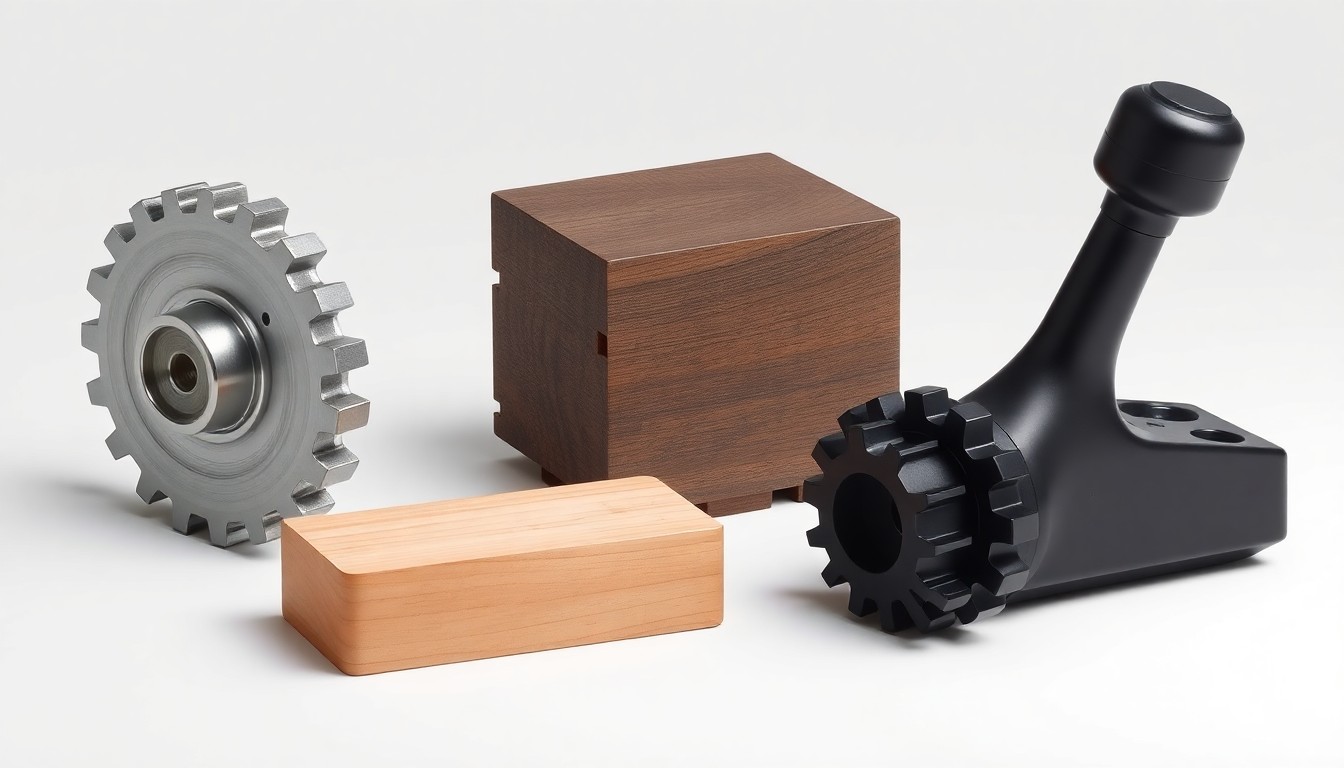 A high-end, photorealistic studio still-life photograph featuring a polished metal gear, a smooth wooden block, and a sleek black gear shifter, all arranged elegantly on a clean white background to represent the precision engineering and industrial power of Deere & Company's products.