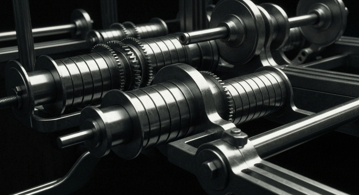 A highly detailed, black-and-white macro photograph of the intricate mechanical components that power a bank's operations, conveying a sense of the complex machinery underlying the financial system.