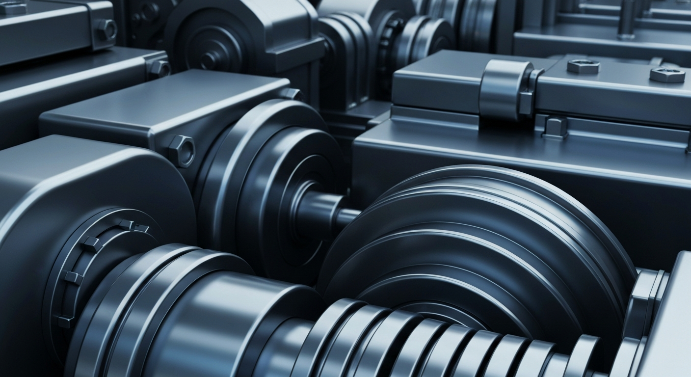An extreme close-up of heavy, polished banking machinery and mechanical components in shades of gunmetal grey, steel blue, and chrome, conceptually representing the strength and security of financial technology infrastructure.