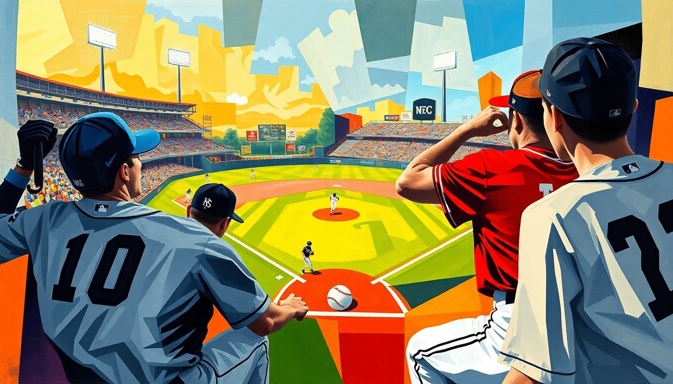 A cubist, geometric painting depicting a baseball game in motion, with overlapping shapes and planes in the team colors of Texas Lutheran University and Hendrix College, conveying the dynamic energy and competitive spirit of the contest.
