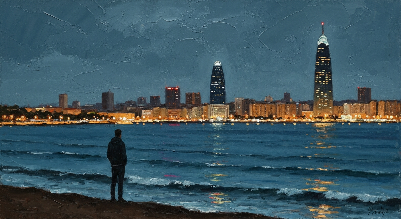 A moody, textured oil painting depicting the nighttime skyline of Barcelona, with the Mediterranean Sea in the foreground and a lone figure standing on the shore, looking out towards the horizon. The brushstrokes are thick and expressive, capturing the sense of mystery and melancholy surrounding this tragic event.
