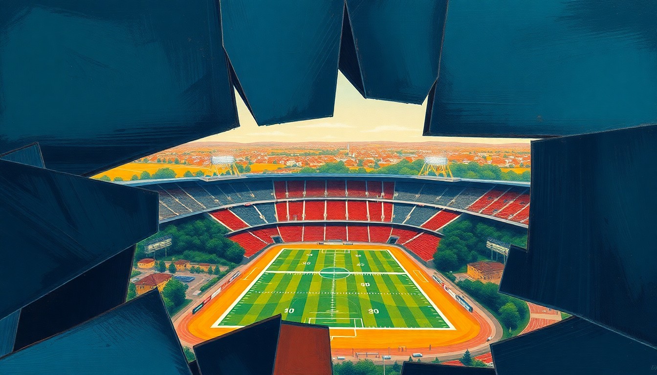 A fragmented, cubist-style painting depicting the overlapping geometric forms of a football stadium, surrounded by angular representations of urban skyscrapers or suburban homes, conveying the complex factors involved in selecting the ideal site for the new facility.