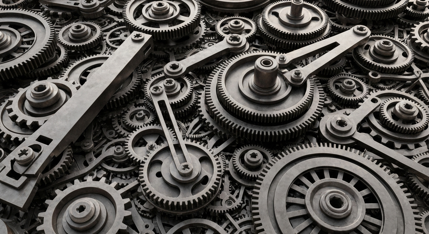 An extreme close-up of a complex network of gears, levers, and mechanical components in shades of steel grey, bronze, and black, conceptually representing the inner workings of the global financial system.