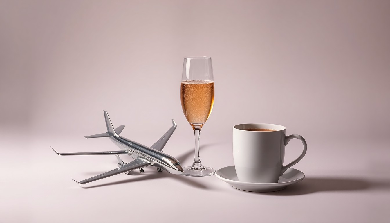 A minimalist studio still life photograph featuring a polished metal airplane model, a glass of champagne, and a premium coffee cup, conceptually representing the competitive dynamics in the U.S. airline industry.