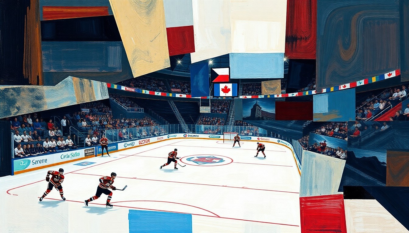 A cubist, geometric painting depicting a hockey game between Canada and Czechia, with the players and the ice surface broken down into sharp, overlapping planes of color and shape, capturing the dynamic and unpredictable nature of the matchup.