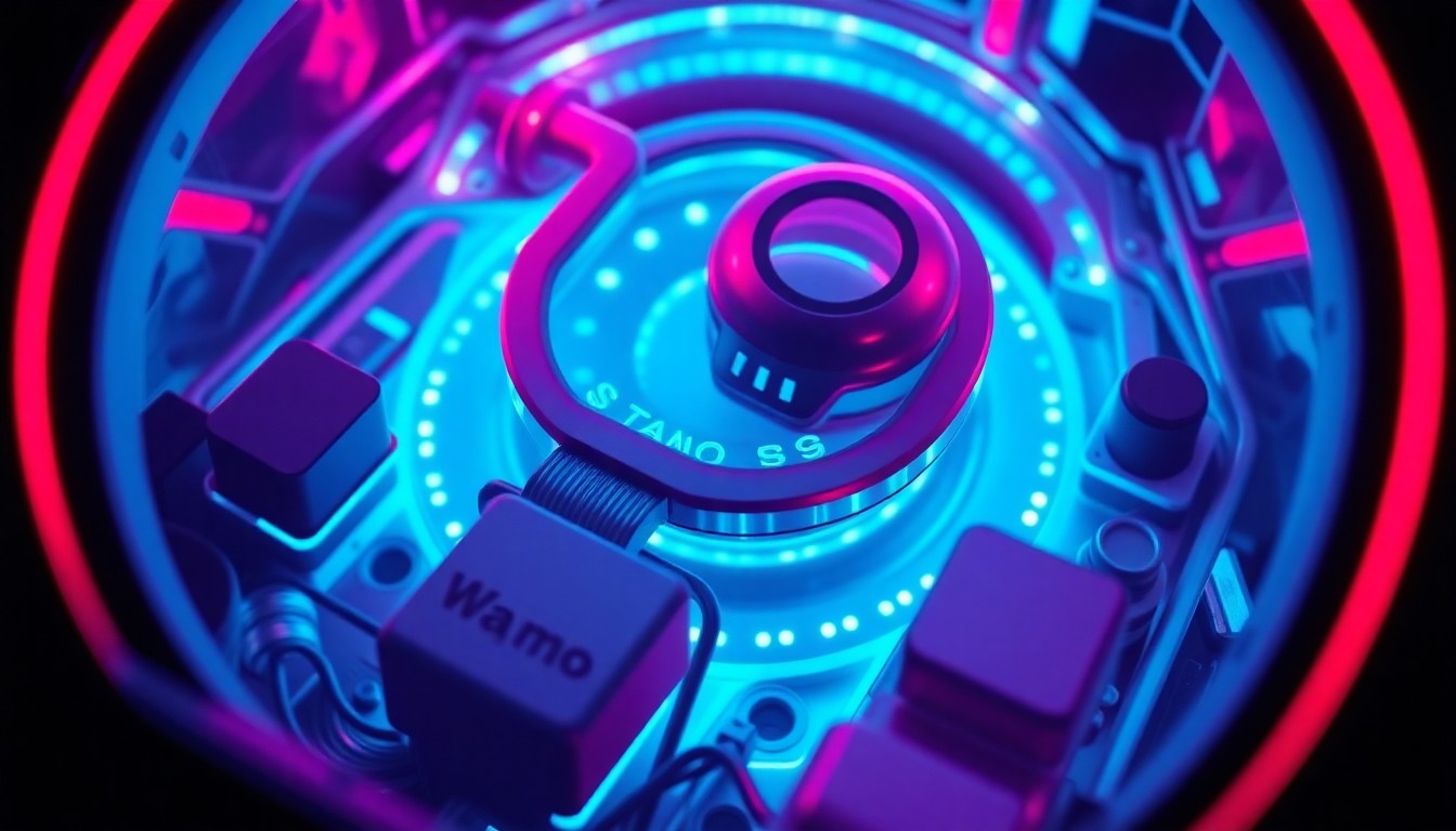 A highly detailed, glowing 3D illustration of the internal components and sensor array of a Waymo autonomous vehicle, with neon cyan and magenta lights illuminating the intricate hardware and cybernetic design.