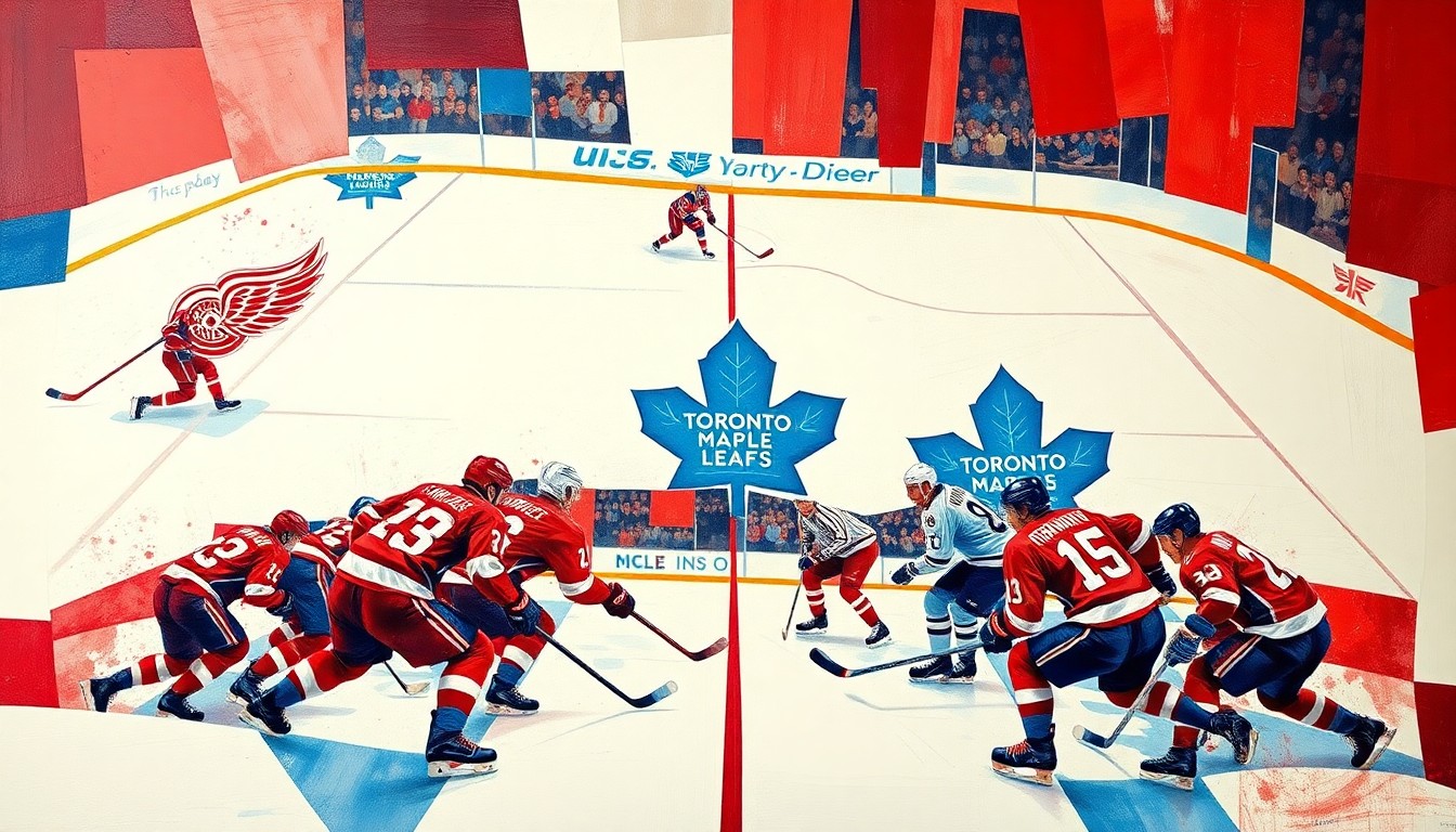 A fractured, multi-perspective painting in bold, geometric shapes and planes of red, blue, and white, representing the action and movement of a hockey game between two rival teams.