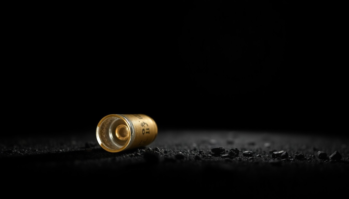 An extreme close-up photograph of a single bullet casing on the ground, the harsh flash illuminating the metallic texture and creating a stark, gritty mood that conceptually represents the violence that disrupted a community event.