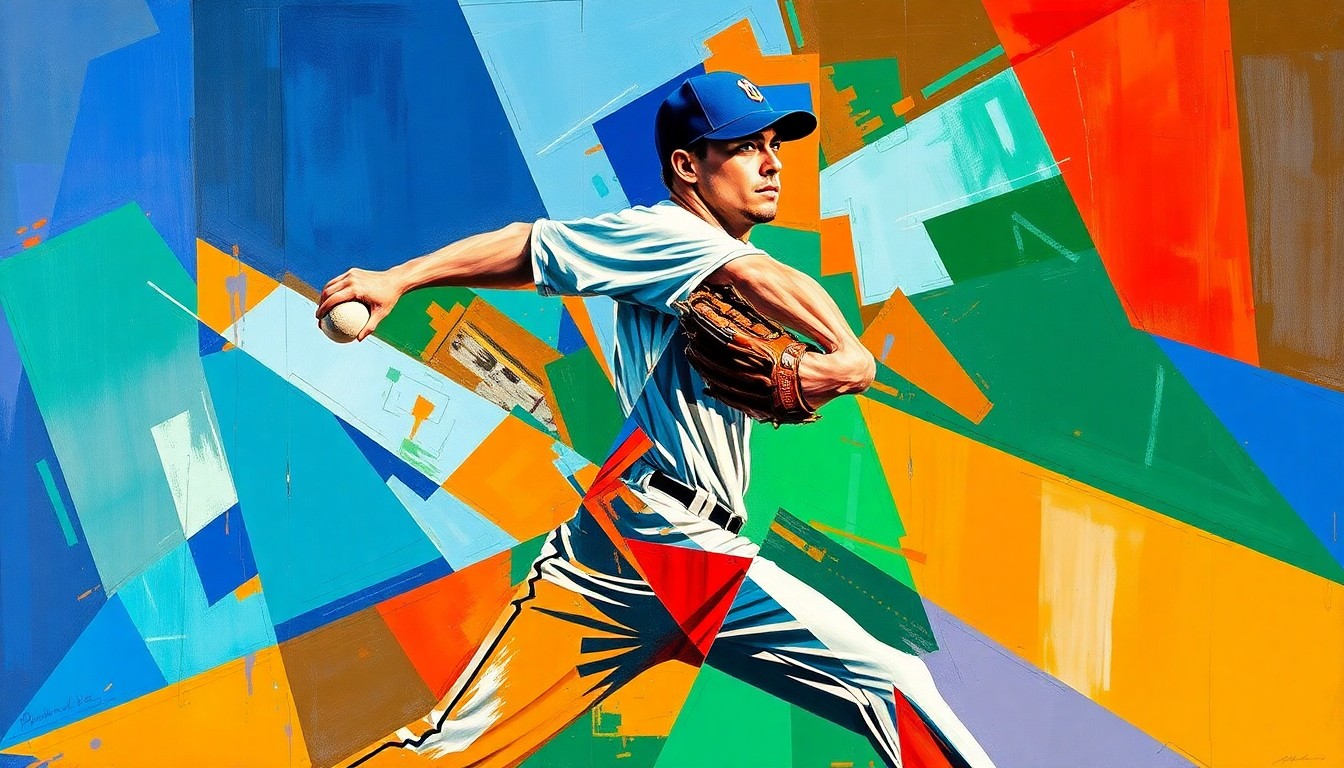 A fractured, cubist-style painting depicting the motion of a baseball pitcher, with sharp geometric planes in vibrant colors representing the power and energy of the throwing motion.