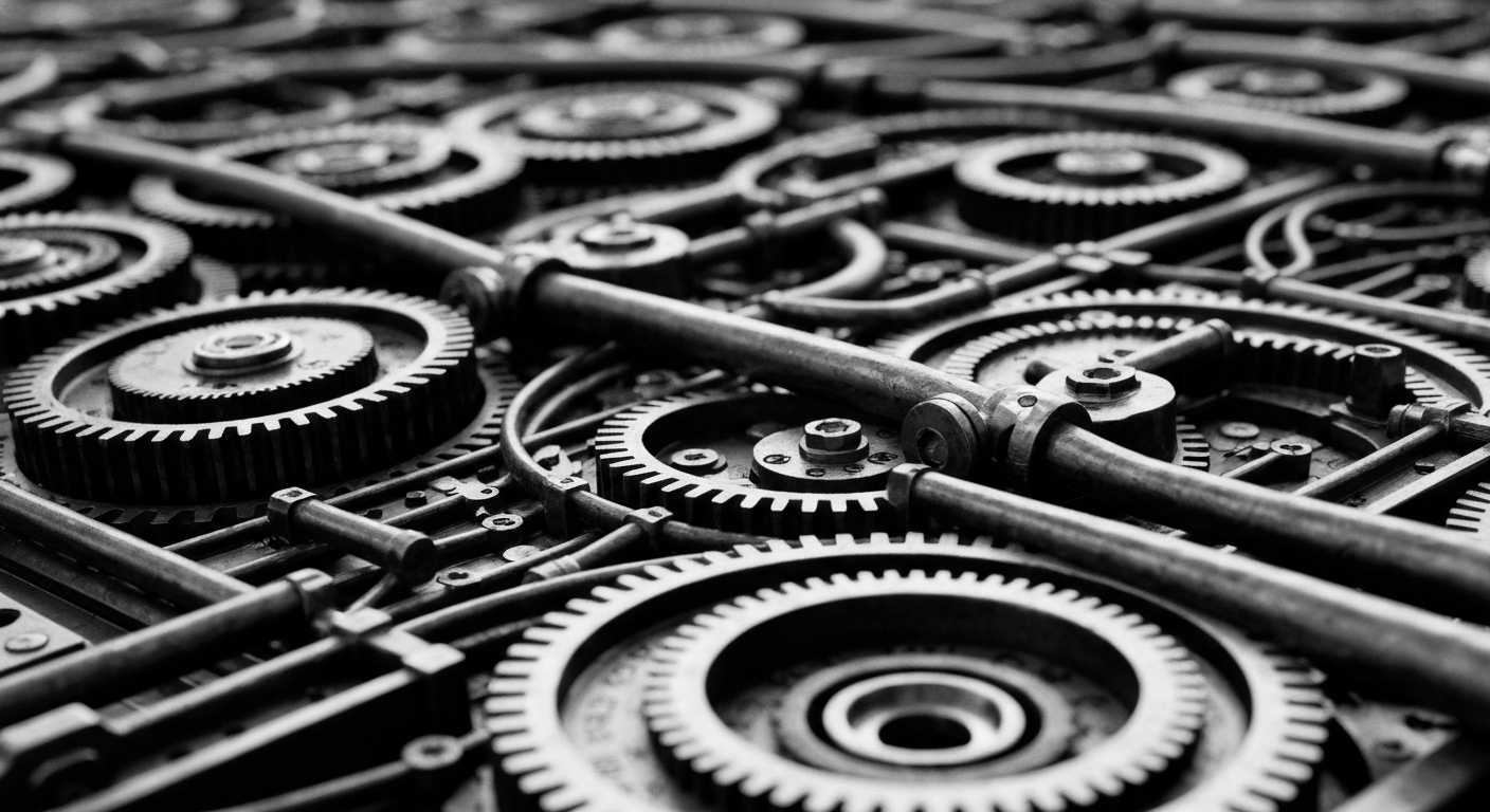 A high-contrast, close-up image of the complex inner workings of a financial trading system, conveying the idea of institutional investment and market forces without using any literal financial symbols or text.