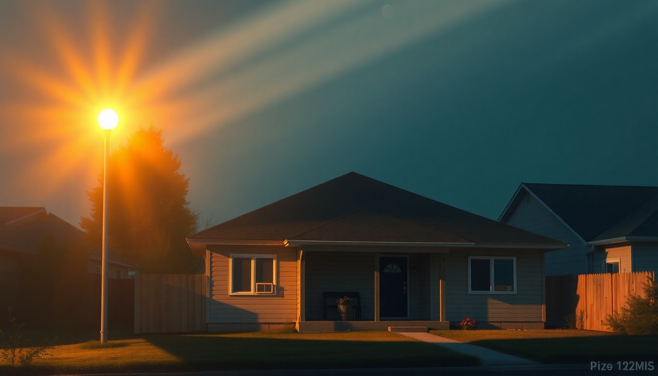 A serene, photorealistic painting of a single-family home in warm, golden light, capturing the quiet unease of the ongoing short-term rental tax dispute.