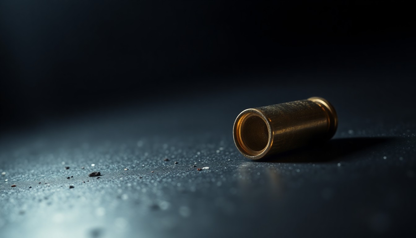An extreme close-up photograph of a single spent bullet casing on a dark, textured surface, lit by a harsh, direct camera flash, conceptually representing the aftermath of a violent crime.