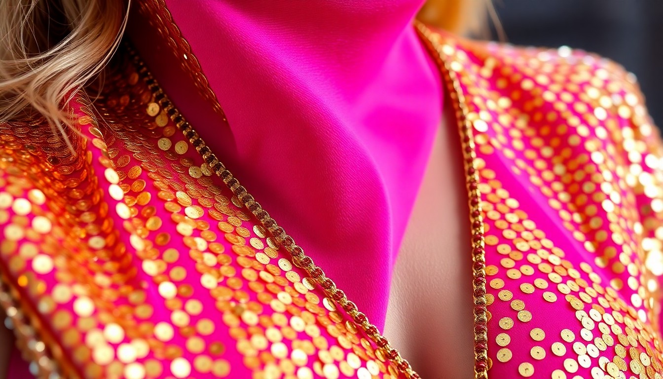 An abstract close-up photograph showcasing the shimmering gold sequins and rich fuchsia velvet textures of Hailey Bieber's Coachella 2026 outfit, capturing the glamorous and vibrant aesthetic.
