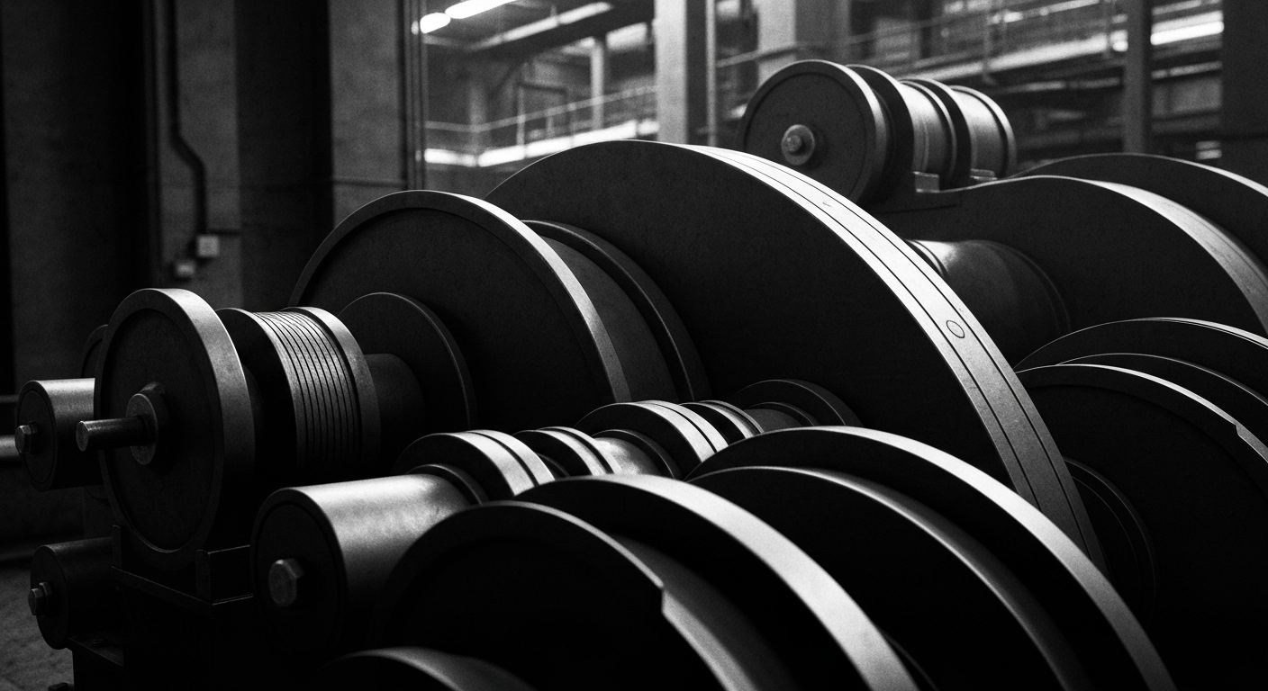 A high-contrast, black and white close-up image of heavy, intricate banking machinery and equipment, representing the tangible, industrial nature of financial institutions and the economy.