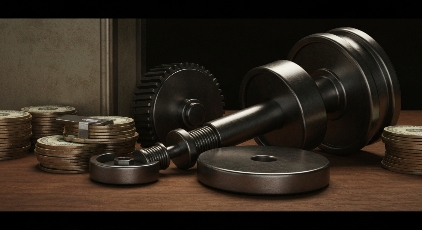 An extreme close-up of interlocking gears, levers, and other industrial machinery, conveying a sense of the complex financial infrastructure underlying major corporations like Walmart.