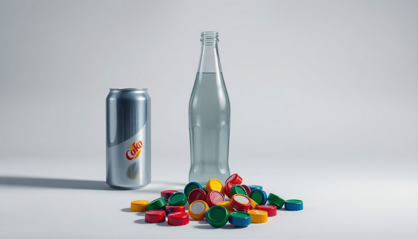 A photorealistic studio still life featuring a polished metal soda can, a glass bottle, and a handful of colorful soda bottle caps arranged elegantly on a clean, monochromatic background, conceptually representing the abstract corporate strategy and market competition between Coca-Cola Consolidated and PepsiCo.