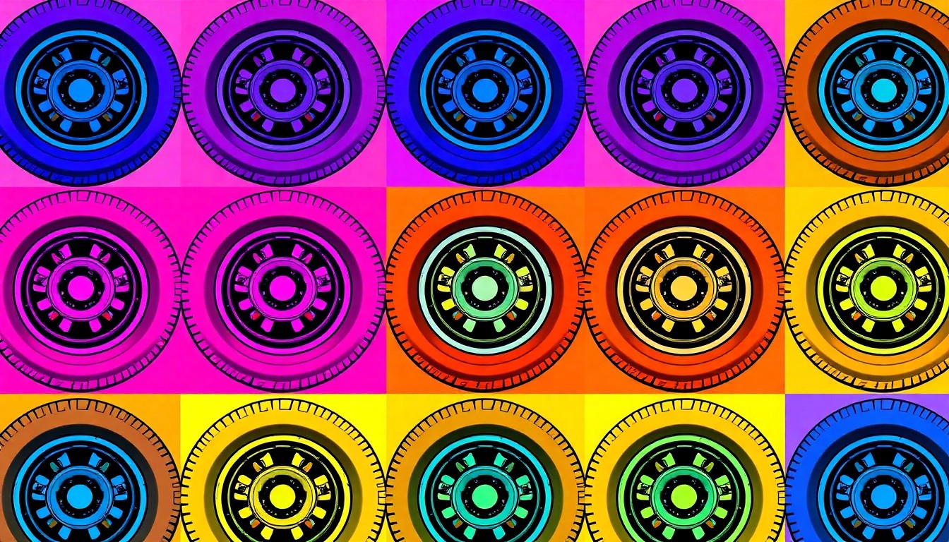 A bold, pop art-inspired illustration featuring a repeating pattern of a classic car tire in neon colors, conceptually representing the classic cars and automotive enthusiasm celebrated at the Honey and Hot Rods event in Orland.