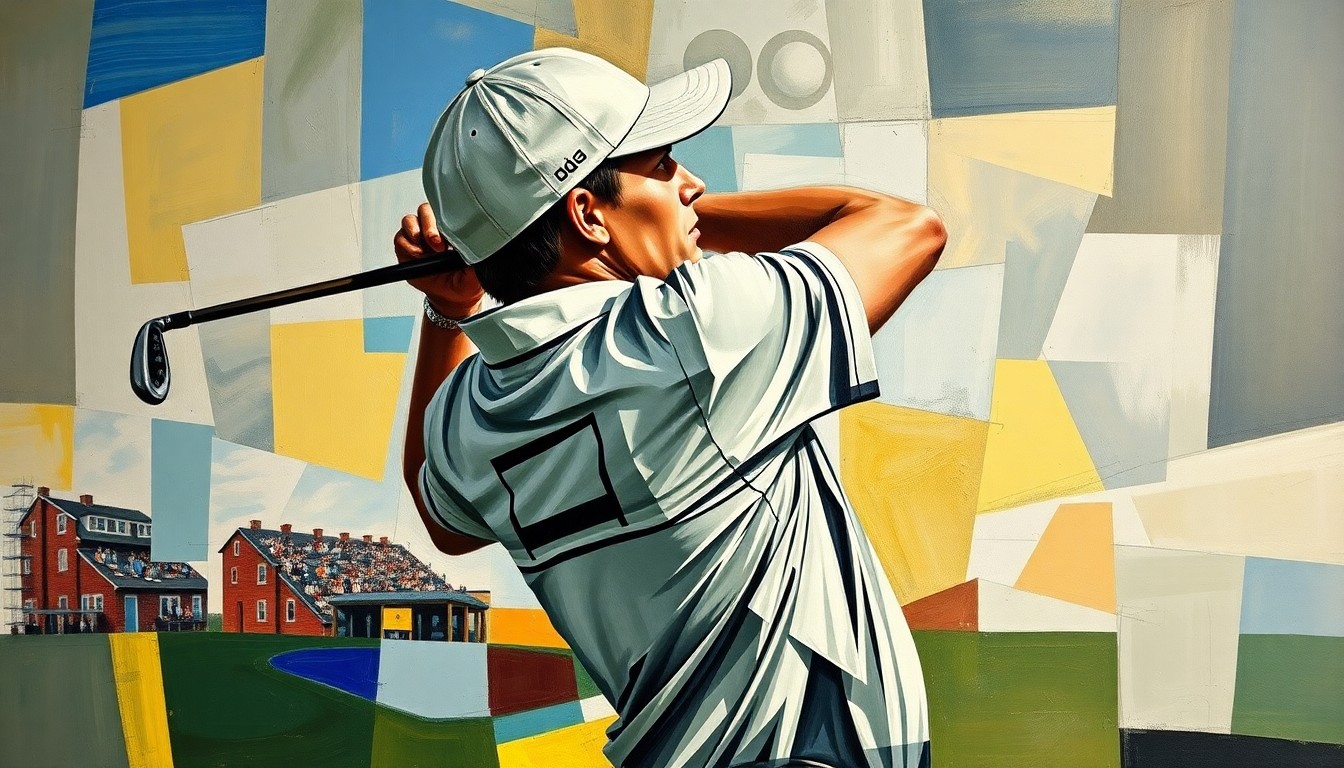 A fragmented, geometric painting depicting a golfer's swing and the intense atmosphere of a major tournament, conveying the emotional turmoil of high-profile meltdowns.