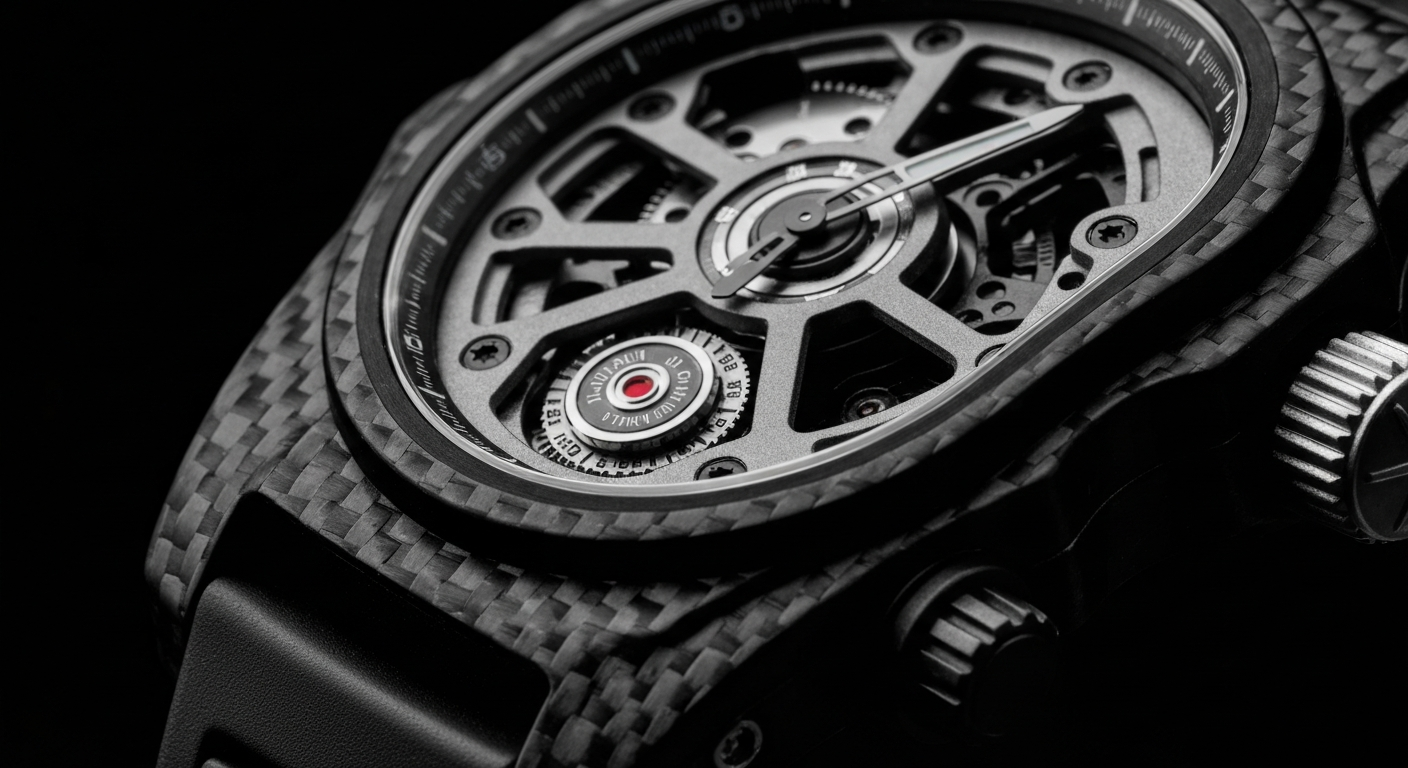 An extreme close-up of the raw, textured surface of a carbon fiber watch case, with intricate woven patterns and dramatic shadows, conveying the advanced materials and construction of the Norqain Wild ONE Skeleton X-Lite sports watch.