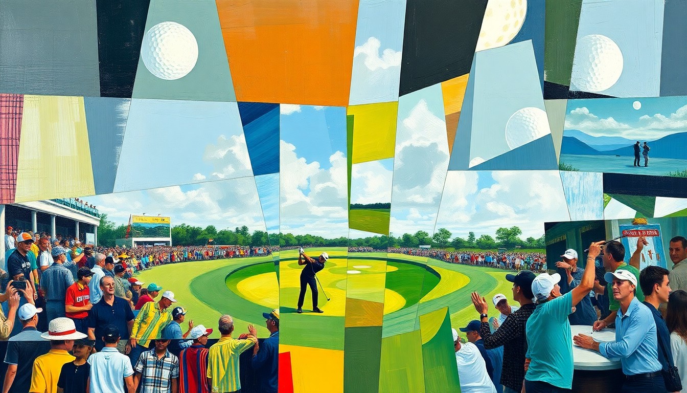 A fractured, cubist-style painting depicting a golf tournament, with sharp, overlapping geometric shapes and planes representing the dynamic and unpredictable nature of the event.