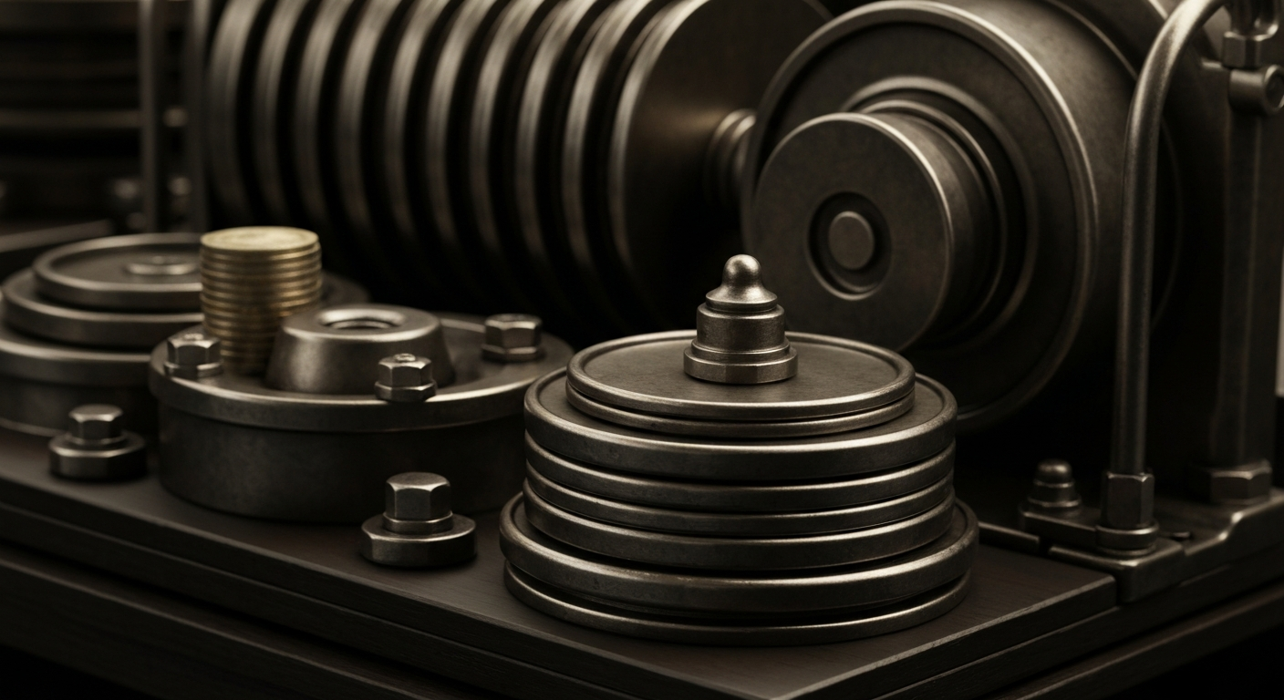 A highly detailed, black-and-white close-up image of the inner workings of a large, industrial banking machine, capturing the raw power and physicality of the financial system in a conceptual, non-literal way.