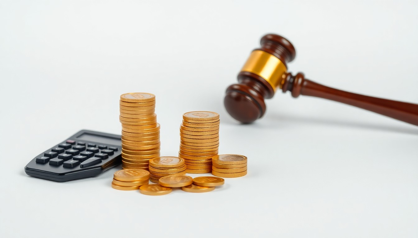 A photorealistic studio still life featuring a stack of gold coins, a calculator, and a gavel arranged on a clean, monochromatic background, symbolizing the financial inequalities and systemic barriers faced by Black communities, as well as the power of supporting Black-owned banks to drive economic empowerment.