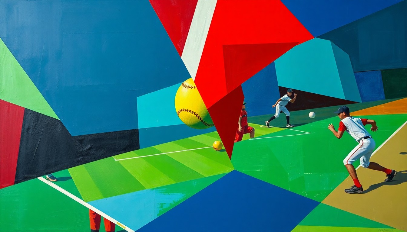 A cubist-style painting depicting the dynamic action of a softball game, with the players and ball represented through sharp, overlapping geometric shapes in a vibrant color palette.